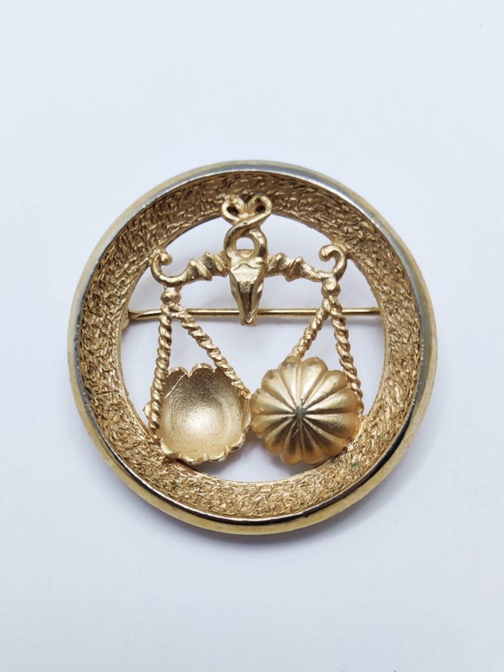 Vintage 60-70s Signed Crown Trifari Libra Zodiac Brooch Gold Tone Horoscope